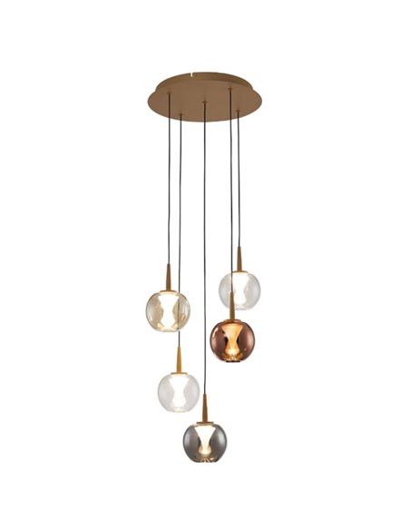 Lámpara LED con base redonda oro de 5 luces colgantes ANDRÓMEDA, bolas de cristal de colores, 25W, 2500Lm, 3000K