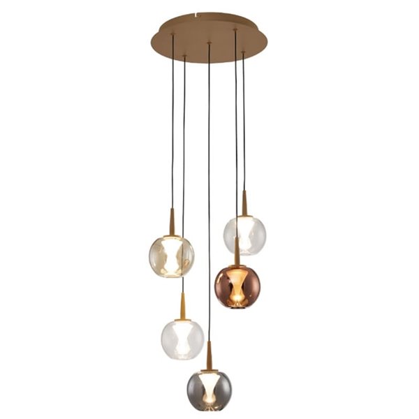 Lámpara LED con base redonda oro de 5 luces colgantes ANDRÓMEDA, bolas de cristal de colores, 25W, 2500Lm, 3000K