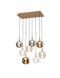 Lámpara LED con base rectangular oro de 8 luces colgantes ANDRÓMEDA, bolas de cristal colores, 40W 4000Lm, 3000K