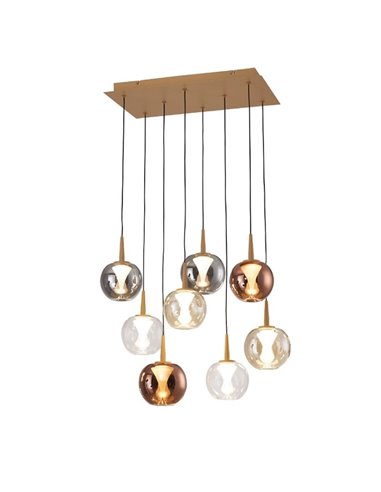 Suspension LED ANDROMEDA avec base rectangulaire dorée, 8 ampoules, boules de cristal colorées, 40 W, 4 000 lm, 3 000 K
