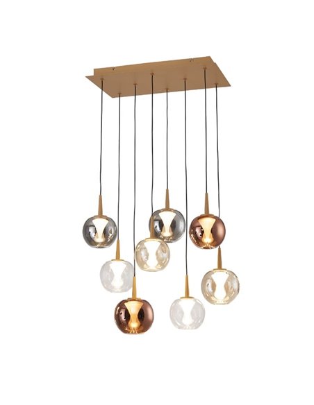 Lámpara LED con base rectangular oro de 8 luces colgantes ANDRÓMEDA, bolas de cristal colores, 40W 4000Lm, 3000K