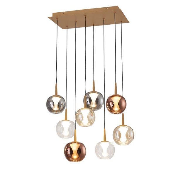 Lámpara LED con base rectangular oro de 8 luces colgantes ANDRÓMEDA, bolas de cristal colores, 40W 4000Lm, 3000K