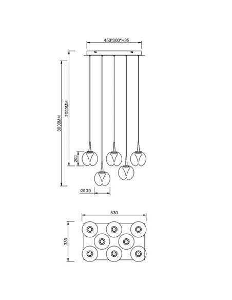 Lámpara LED con base rectangular oro de 8 luces colgantes ANDRÓMEDA, bolas de cristal colores, 40W 4000Lm, 3000K