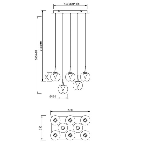 Lámpara LED con base rectangular oro de 8 luces colgantes ANDRÓMEDA, bolas de cristal colores, 40W 4000Lm, 3000K