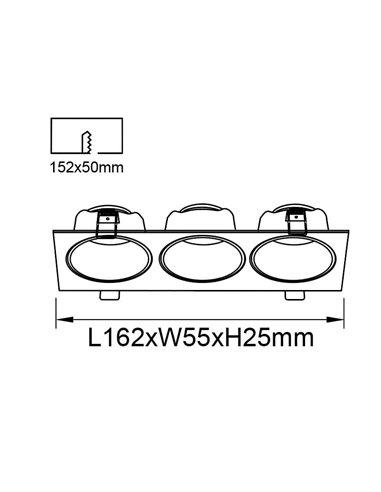Aro empotrable cuadrado ANTILLA 3 luces mini GU10 (no incl.) negro, corte Ø152x50mm