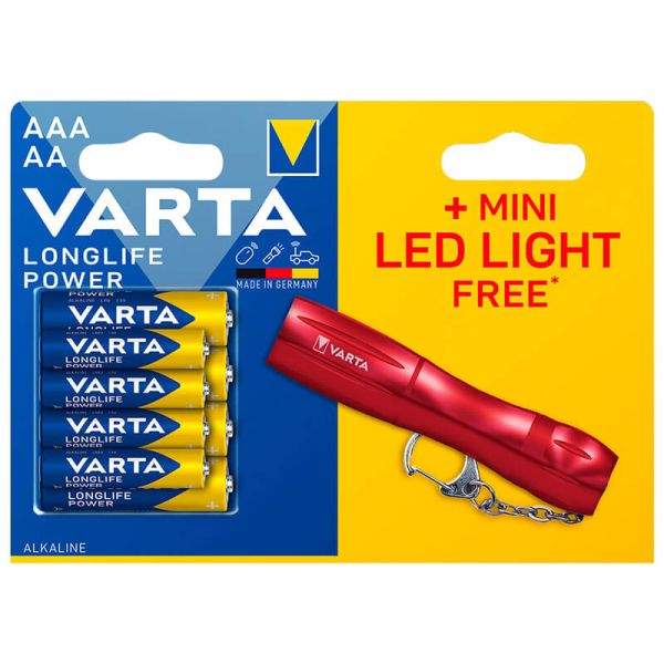 Pacote de pilhas alcalinas Longlife Power (4 x AA + 4 x AAA) com mini lanterna LED grátis.