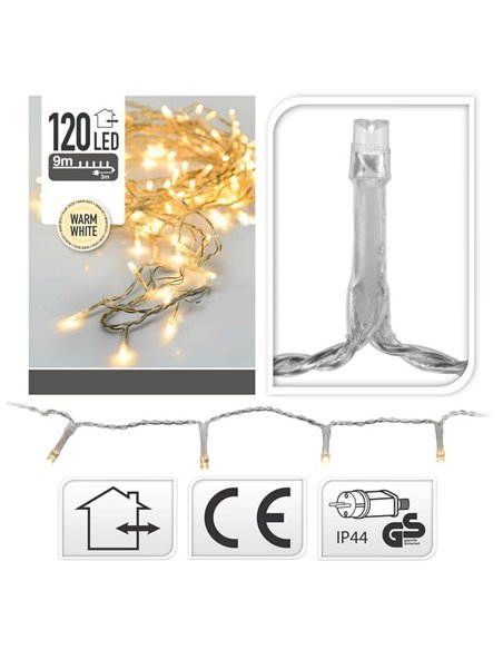 Guirnalda de Navidad luz blanca cálida 120 LED fija cable transparente  - 1200cm