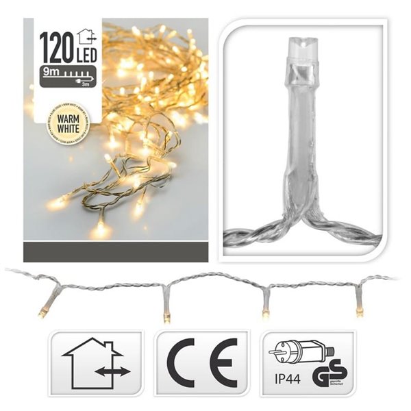 Guirnalda de Navidad luz blanca cálida 120 LED fija cable transparente  - 1200cm