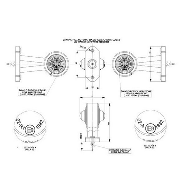 Cuerno LED de gálibo, LD 365, brazo largo, sin mano, 12/24V homologado R1 A