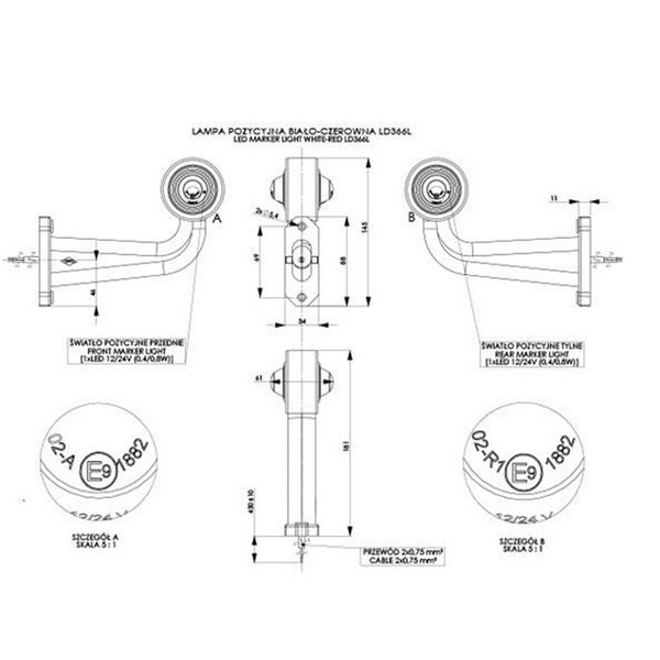 Cuerno LED de gálibo LD 366, brazo largo, 12/24V homologado R1 A derecho/izquierdo