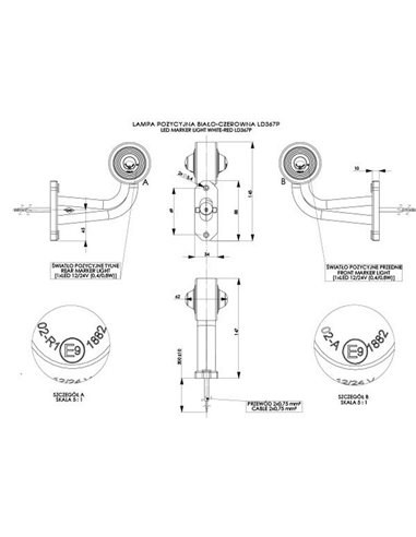 Cuerno LED de gálibo LD 367, brazo largo en L, 12/24V homologado R1 A derecho/izquierdo