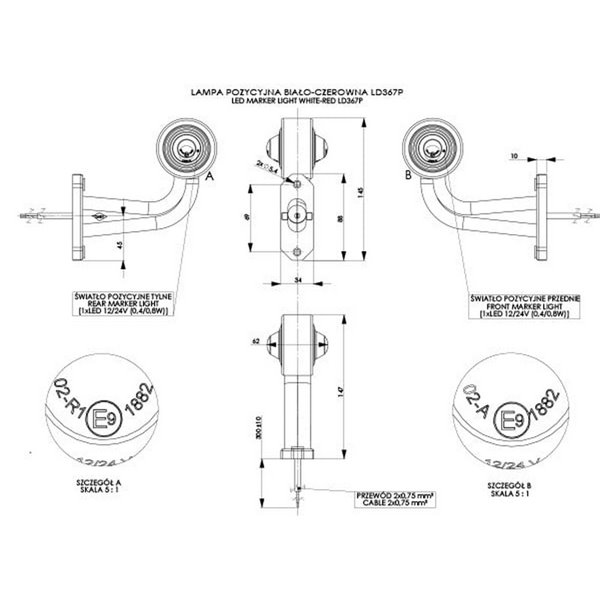 Cuerno LED de gálibo LD 367, brazo largo en L, 12/24V homologado R1 A derecho/izquierdo