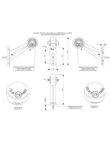 Cuerno LED de gálibo LD 357, brazo largo y recto, 12/24V homologado R1 A derecho/izquierdo