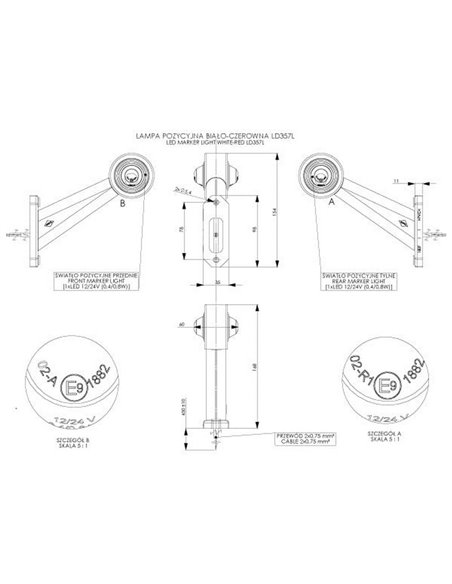 Cuerno LED de gálibo LD 357, brazo largo y recto, 12/24V homologado R1 A derecho/izquierdo