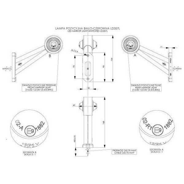 Cuerno LED de gálibo LD 357, brazo largo y recto, 12/24V homologado R1 A derecho/izquierdo