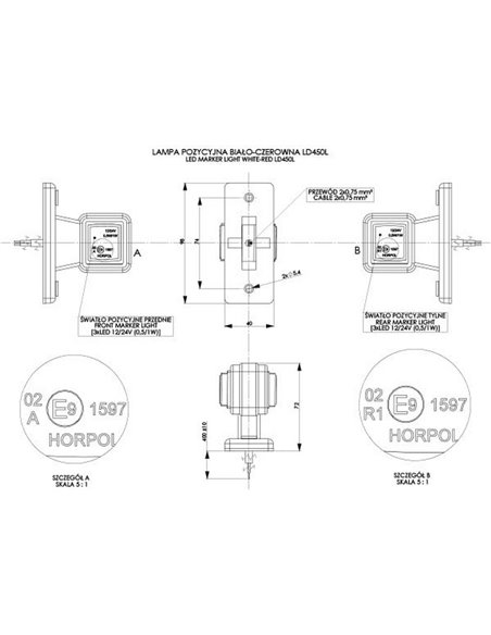 Cuerno LED cuadrado LD 450 corto y recto, 12/24V homologado R1 y A IP68