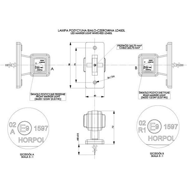 Cuerno LED cuadrado LD 450 corto y recto, 12/24V homologado R1 y A IP68