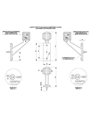 Sirene LED quadrada LD 433, braço curto, 12/24V, homologada para R1 e A, IP68