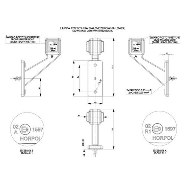 Cuerno LED cuadrado LD 433 brazo corto, 12/24V homologado R1 y A IP68