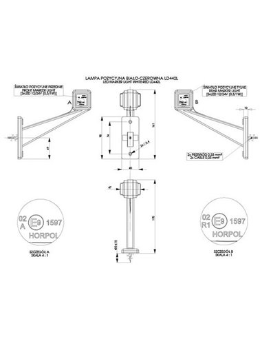 Sirene LED quadrada LD 422, braço longo e reto, 12/24V, homologada R1 e A, IP68.