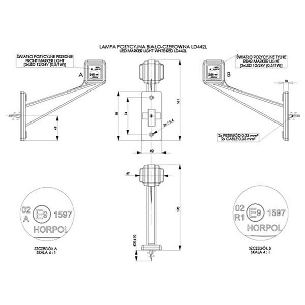 Cuerno LED cuadrado LD 422, brazo largo y recto, 12/24V homologado R1 y A IP68
