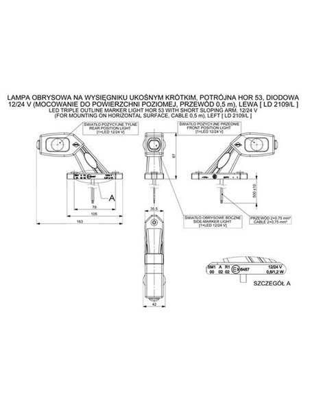 Sirene horizontal de LED LD 2109, 3 funções, braço curto inclinado, homologada para 12/24V R1, SM1 e A IP68