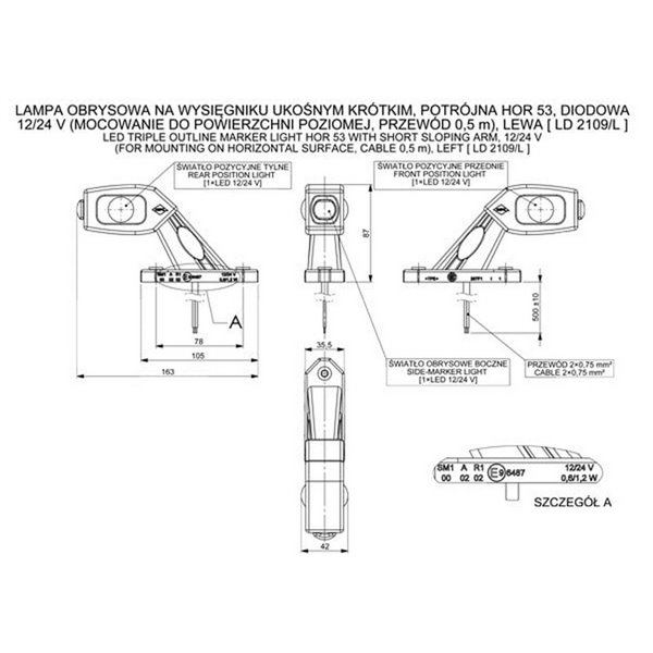Klaxon LED horizontal LD 2109, 3 fonctions, bras court incliné, homologué 12/24 V R1, SM1 et A IP68