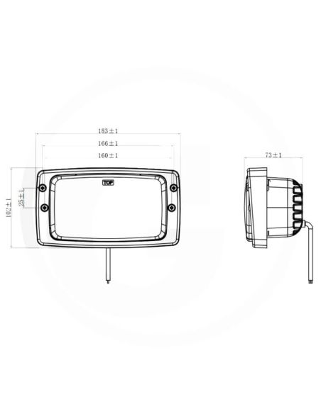Dimensões: Farol retangular de LED 12/24V com indicador de direção e luz de estacionamento, com classificação IP67/IP6K9K.