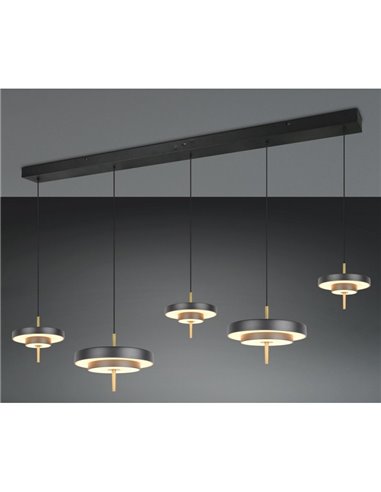 Luminária de teto LED KEATON com 5 lâmpadas, 50W, 5900 lúmens, chave DIP, 2300+3000+4000K, preta/dourada.