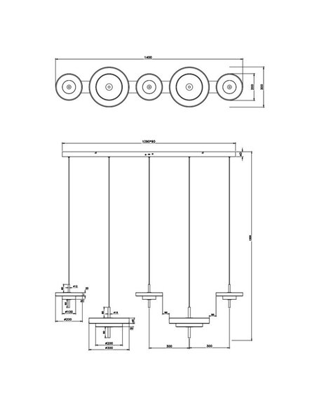 Plafonnier LED KEATON 5 lampes 50W 5900lm Interrupteur DIP 2300+3000+4000K Noir/Or