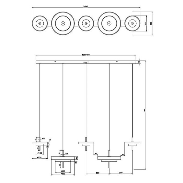 Luminária de teto LED KEATON com 5 lâmpadas, 50W, 5900 lúmens, chave DIP, 2300+3000+4000K, preta/dourada.