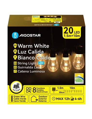 Guirnalda exterior 20 bombillas LED solar de filamento S con columna de burbújas, blanco cálido, 10m