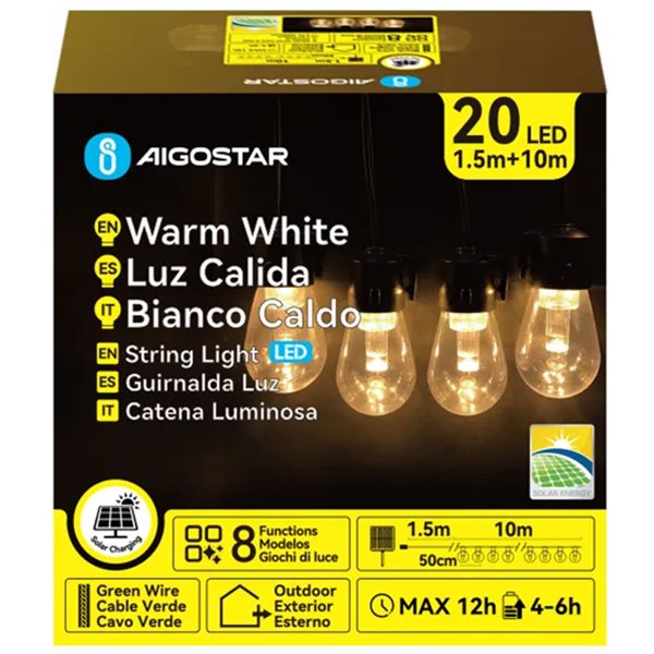 Guirnalda exterior 20 bombillas LED solar de filamento S con columna de burbújas, blanco cálido, 10m