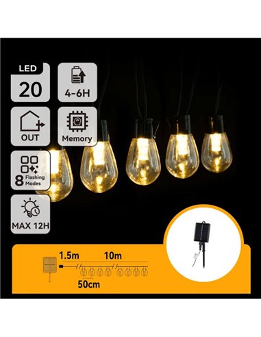 Guirlande lumineuse extérieure avec 20 ampoules LED solaires à filament en forme de S et colonne à bulles, blanc chaud, 10 m