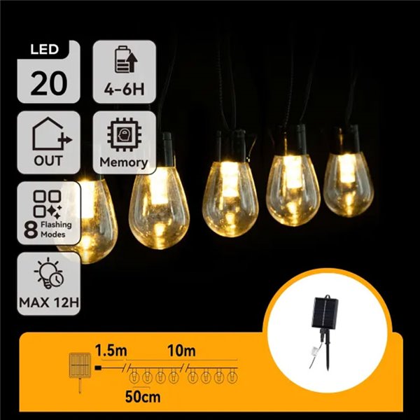 Cordão de luzes externas com 20 lâmpadas de filamento LED solares em formato de S e coluna de bolhas, branco quente, 10m