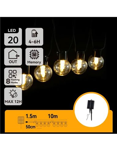 Guirnalda exterior 20 G50 LED solar de filamento con columna de burbújas, blanco cálido, 10m