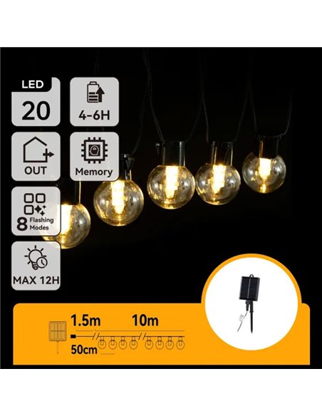 Conjunto de 20 luzes de LED G50 com filamento solar e coluna de bolhas, branco quente, 10m