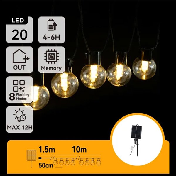 Guirnalda exterior 20 G50 LED solar de filamento con columna de burbújas, blanco cálido, 10m