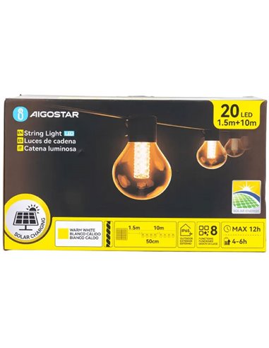 Guirnalda exterior 20 G50 LED solar de filamento con columna de burbújas, blanco cálido, 10m