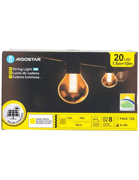 Conjunto de 20 luzes de LED G50 com filamento solar e coluna de bolhas, branco quente, 10m