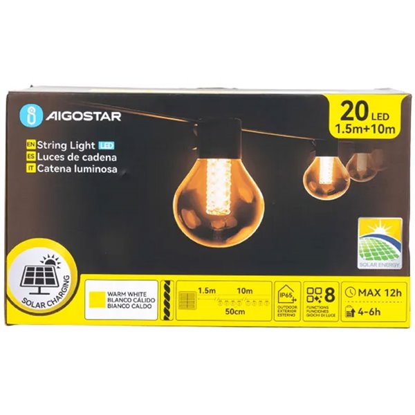 Guirnalda exterior 20 G50 LED solar de filamento con columna de burbújas, blanco cálido, 10m