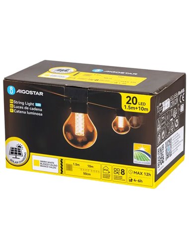 Conjunto de 20 luzes de LED G50 com filamento solar e coluna de bolhas, branco quente, 10m