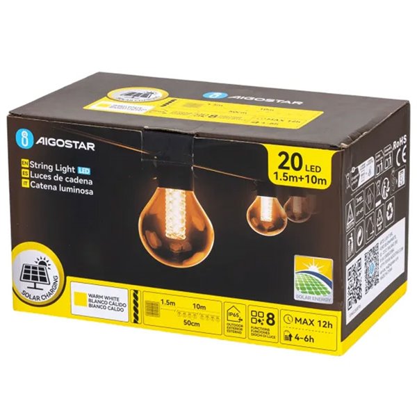 Conjunto de 20 luzes de LED G50 com filamento solar e coluna de bolhas, branco quente, 10m