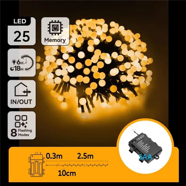 Guirnalda de luces LED tipo petardo 2,5 m, blanco cálido, exterior, a pilas 3AA, 8 funciones, memoria y temporizador