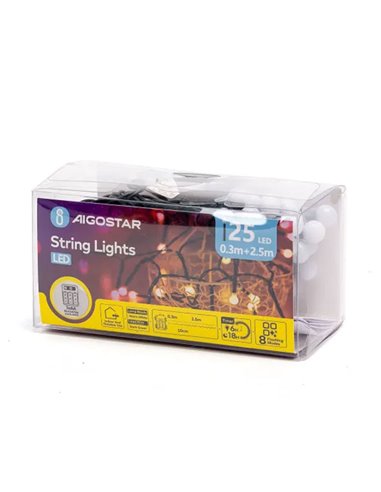 Cordão de luzes LED de 2,5 m, estilo fogos de artifício, branco quente, para uso externo, funciona com 3 pilhas AA, 8 funções, m