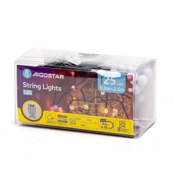 Guirnalda de luces LED tipo petardo 2,5 m, blanco cálido, exterior, a pilas 3AA, 8 funciones, memoria y temporizador