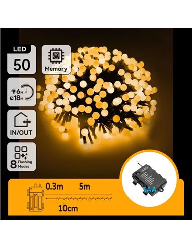 Guirnalda de luces LED tipo petardo 5 m, blanco cálido, 8 funciones, memoria y temporizador, pilas 3AA, IP44