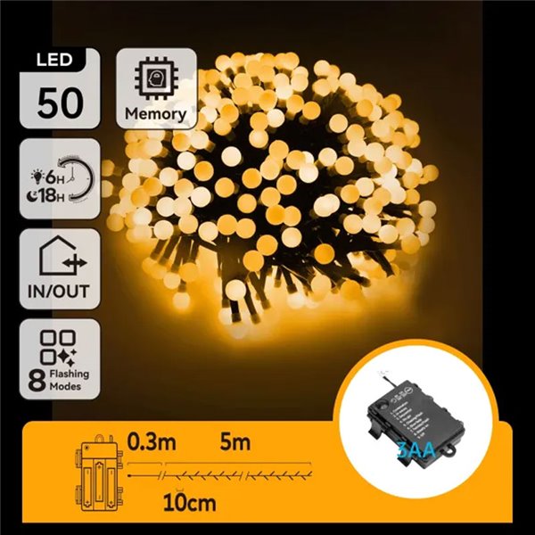 Guirnalda de luces LED tipo petardo 5 m, blanco cálido, 8 funciones, memoria y temporizador, pilas 3AA, IP44