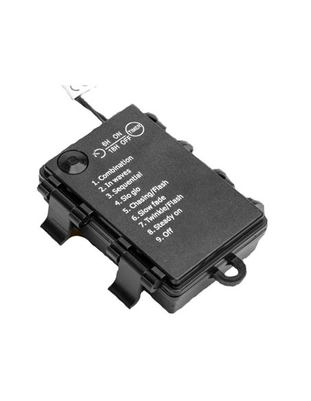 Guirnalda de luces LED tipo petardo 5 m, blanco cálido, 8 funciones, memoria y temporizador, pilas 3AA, IP44