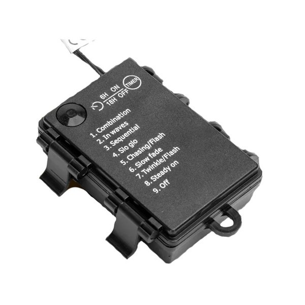 Guirnalda de luces LED tipo petardo 5 m, blanco cálido, 8 funciones, memoria y temporizador, pilas 3AA, IP44